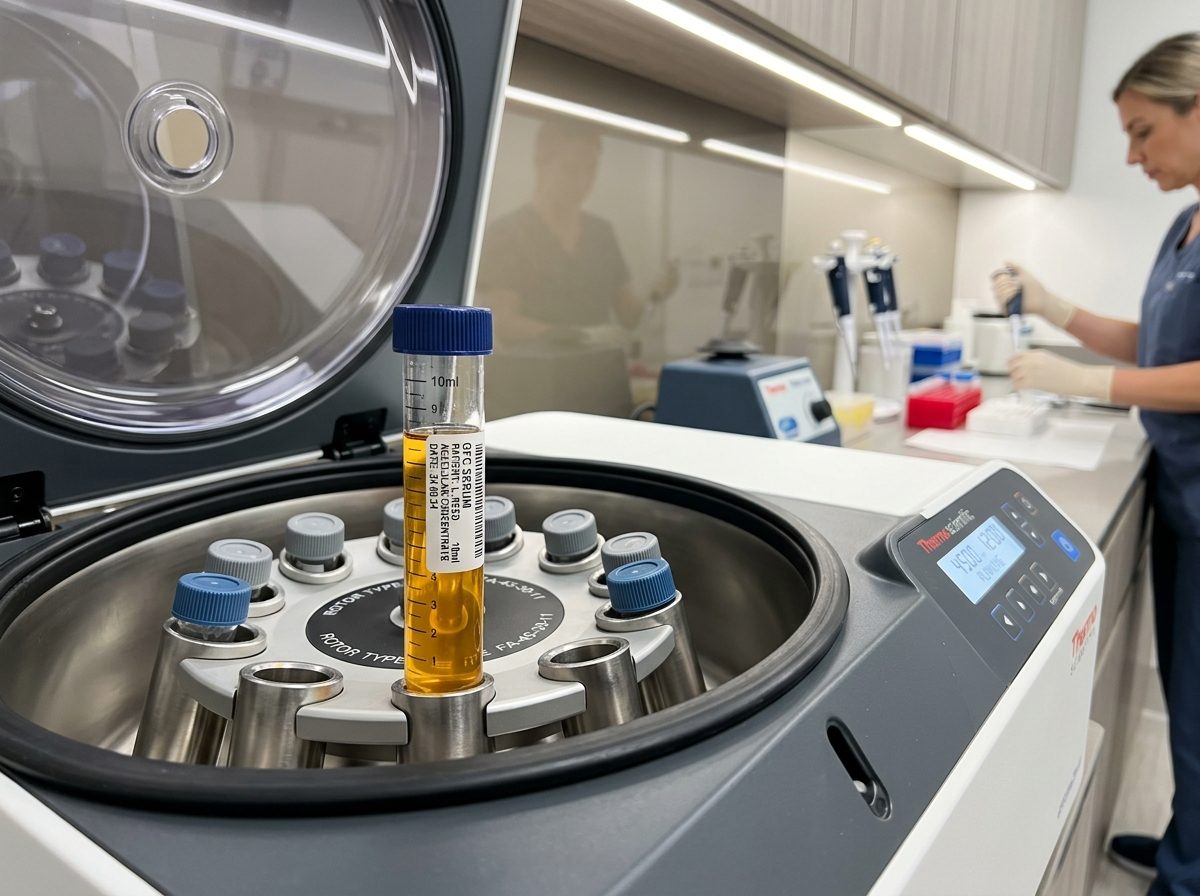 Standardized acellular GFC growth factor tube inside laboratory centrifuge machine