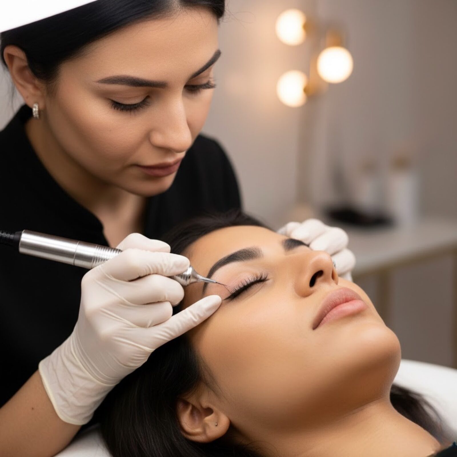 Woman gently touching healed brows, happy result